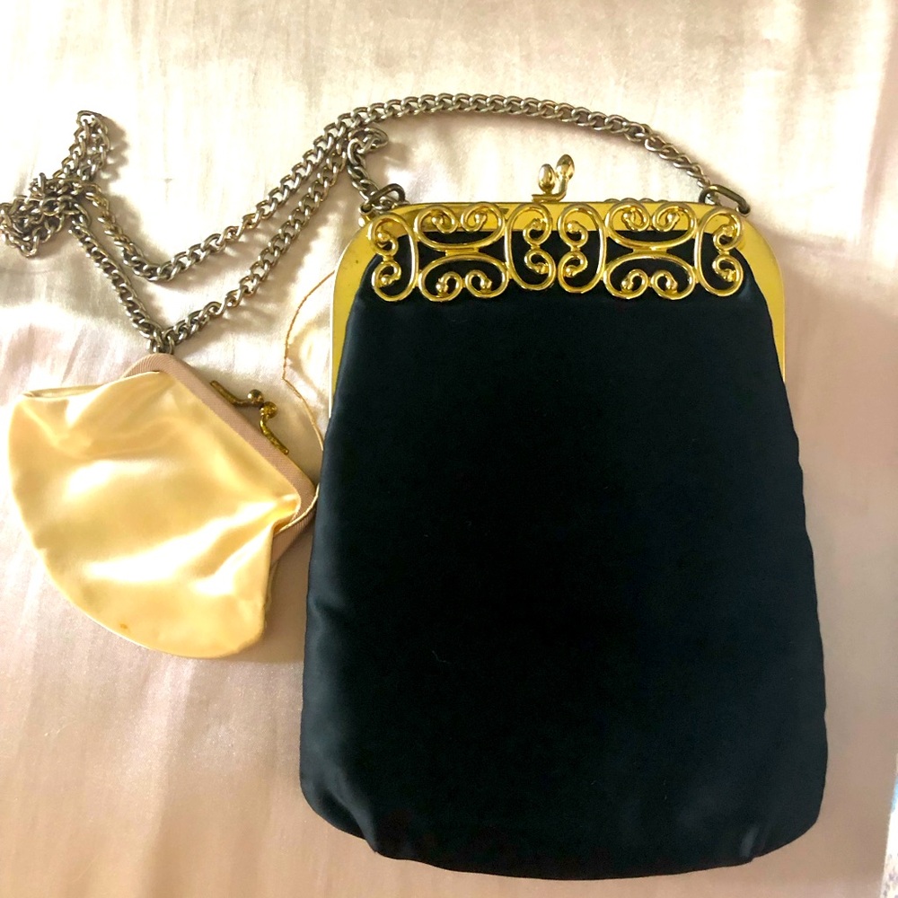 Elegant Vintage Black and Gold Women's Bag with attached coin purse